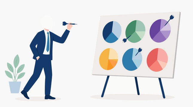 A faceless investor in a business suit throws darts at a pie chart target board representing risk-based financial decision making.