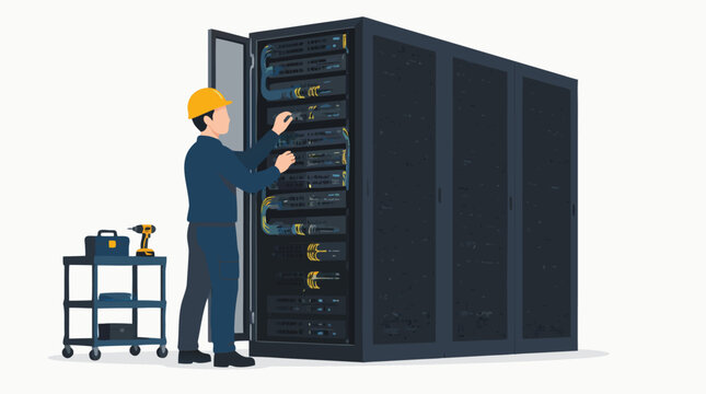 An IT engineer wearing a yellow hard hat works on a black server rack in a professional data center environment.