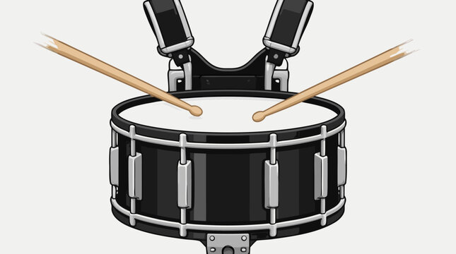 A black marching band snare drum with crossed drumsticks mounted on a white drum head with visible carrier straps above.