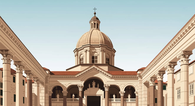 Vector illustration of the Peristyle and the dome of the Cathedral of St. Domnius within Diocletian's Palace in Split, Croatia, featuring Roman Corinthian columns and architecture.