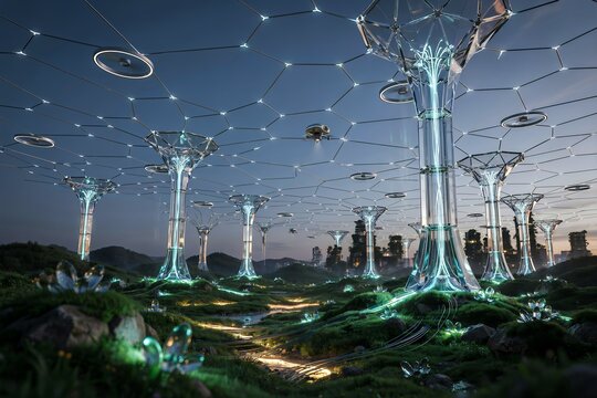 Futuristic landscape with glowing glass structures, interconnected hexagonal canopy, and bioluminescent plants in a surreal digital environment