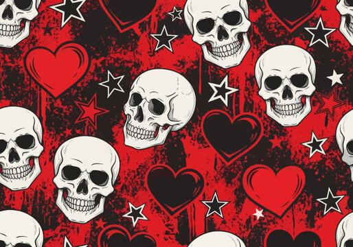 Seamless punk rock pattern featuring white human skulls, red and black hearts, and nautical stars on a distressed red and black background with textured paint splatters.