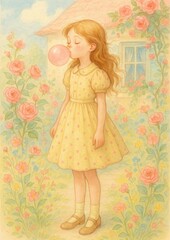 Fototapeta premium Whimsical girl blowing bubble.