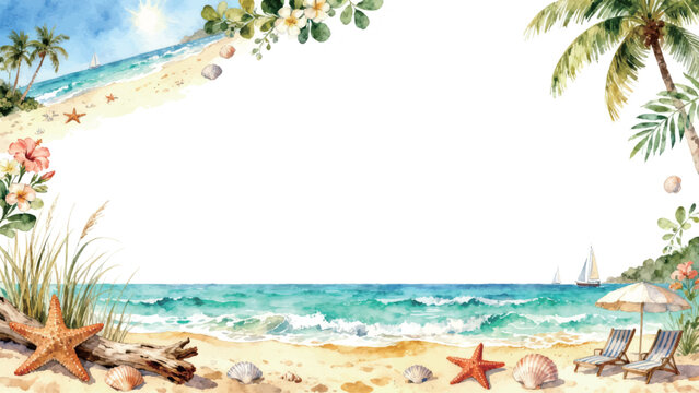 Watercolor summer beach frame with tropical plants and sea