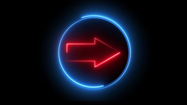 Glowing neon red and blue color direction right arrow sign icon animation journey information road sign signal circle sign symbol on black background	