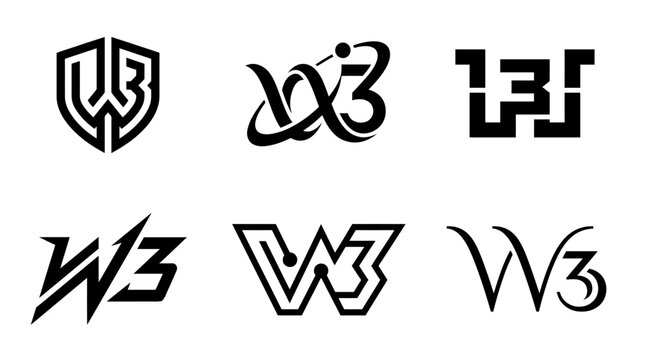 Collection of six distinct W3 logo designs in black and white.