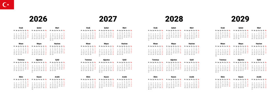 Turkish 2026, 2027, 2028, 2029 calendar. Vector illustration design template start from monday. Full months for wall calendar. isolated wall background.
