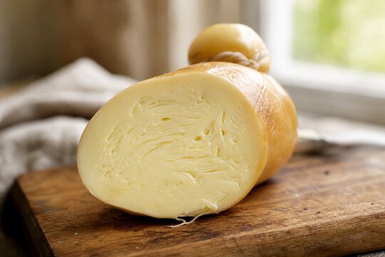 scamorza. Half of a scamorza cheese cut open on a wooden board, revealing its pale yellow, stringy interior. menu design.