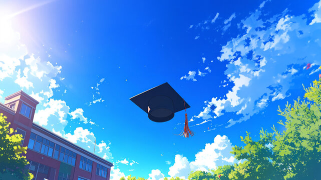 Anime Style Graduation Cap Flying in Blue Sky Above School Building