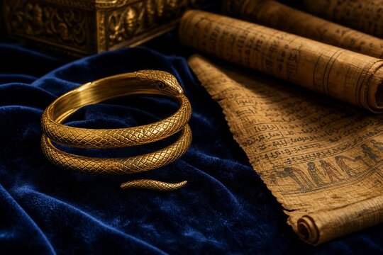 armlet. Golden serpent armlet on blue velvet with aged papyrus scrolls, historical elegance. event programs, museum guides, designed for cultural heritage projects and event programs.
