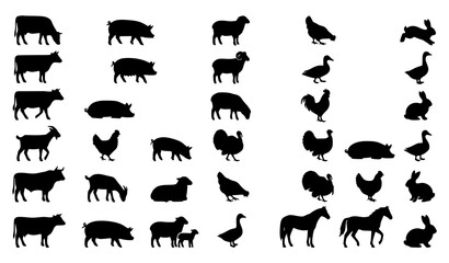 Obraz premium Hand Drawn Farm Animal Silhouette Bundle with Livestock and Poultry Side View Vector Collection