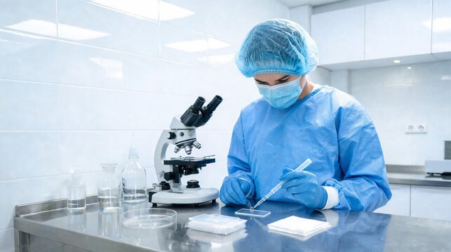 Female laboratory scientist in blue gown and mask using pipette to apply sample onto glass slide at stainless steel workbench beside microscope
