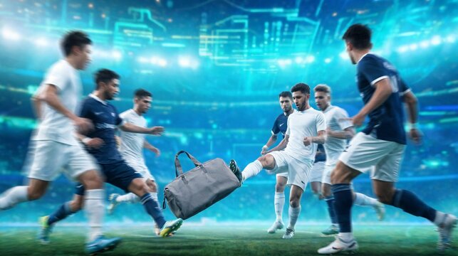Soccer players in contrasting white and blue kits battle for position on a neon-lit futuristic stadium pitch while a gray duffle bag sits in the center of the action.