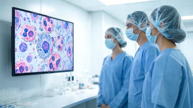 Three medical staff in surgical caps and masks watching large screen showing magnified colorful cancer cell imagery in bright hospital laboratory setting