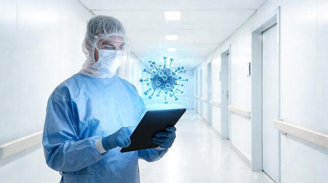 Male healthcare worker in full ppe including hazmat suit face shield and mask holding tablet with glowing blue coronavirus cell visible in hospital corridor