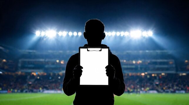 Silhouette of sports coach holding blank white clipboard on football pitch against bright floodlit stadium packed with cheering fans at night game