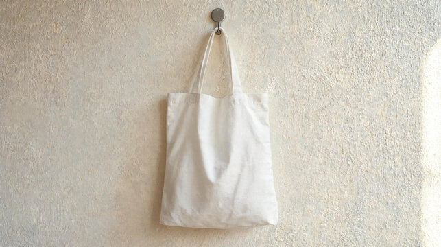 Blank natural canvas tote bag hung on a round silver hook against a textured cream wall with soft side lighting for sustainable fashion merchandise design mockup.