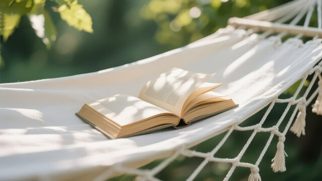 Open vintage book laid on white tassel linen hammock, dappled tree shadow soft light, lazy healing outdoor reading still life photography material