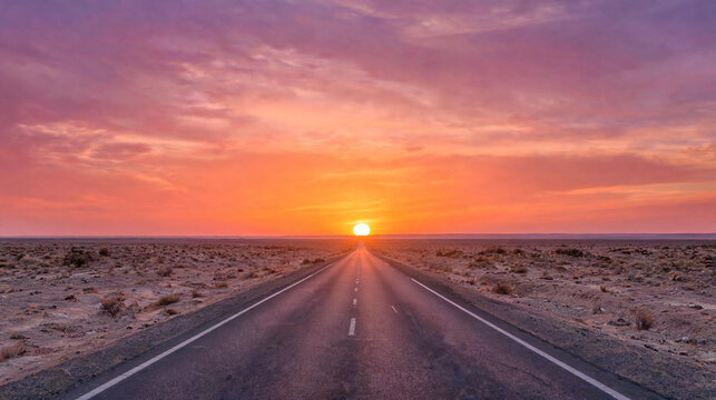 Straight desert road leads to a glowing orange and yellow sunset on the flat horizon with a pale sky above and sparse desert scrubland flanking both sides of the empty highway.
