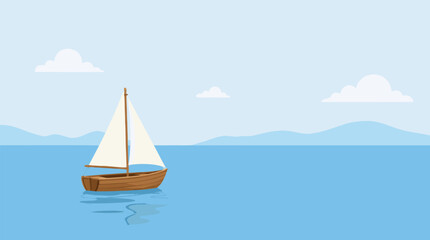 Naklejka premium Small wooden sailboat with a white sail drifting on calm flat blue water with distant mountains in a serene flat vector illustration ideal for travel sailing and leisure themes.