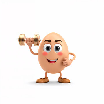 Funny cartoon egg with dumbbells isolated on white background, 3D design