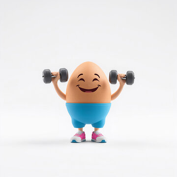 Funny cartoon egg with dumbbells isolated on white background, 3D design