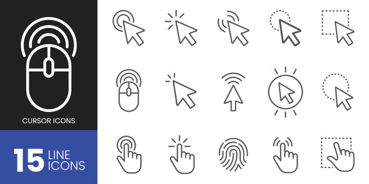 Set of cursor icons, computer mouse, clicking, pointing, fingerprint, touch screen, selection, line icons, vector illustration