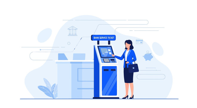 Woman using bank service ticket machine for queue management in modern financial institution