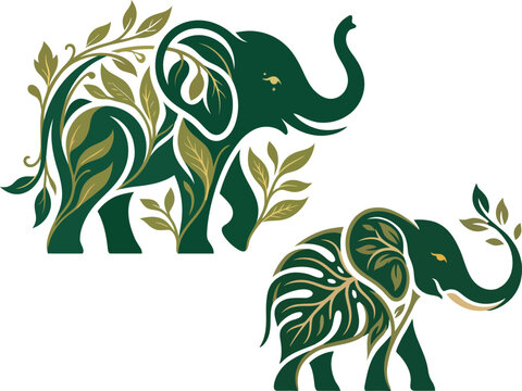 Two artistic elephant illustrations made of green leaves