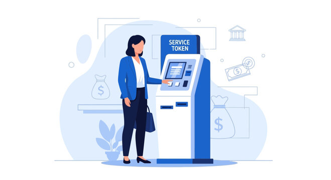Woman using service token machine at bank counter for financial transaction