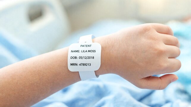 Young child arm with a white hospital patient wristband with medical record details resting on a blue hospital bed sheet in a pediatric healthcare setting.