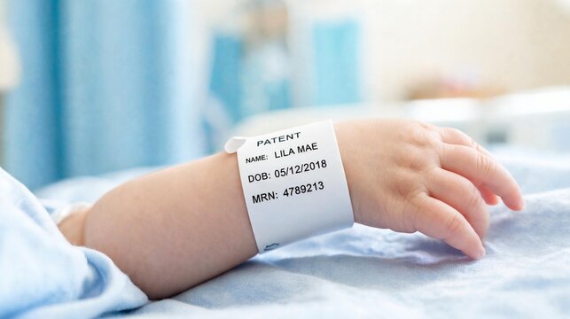 Close-up of a newborn baby hand with a hospital patient identification wristband showing name date of birth and medical record number resting on a hospital bed linen.
