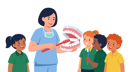 Obraz premium Female dental hygienist teaching diverse school children oral hygiene using denture model flat vector illustration