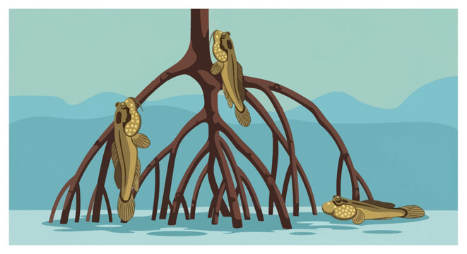 Vector illustration showing three mudskippers clinging to brown mangrove roots and resting in shallow blue water within a stylized coastal swamp or tropical wetland ecosystem.