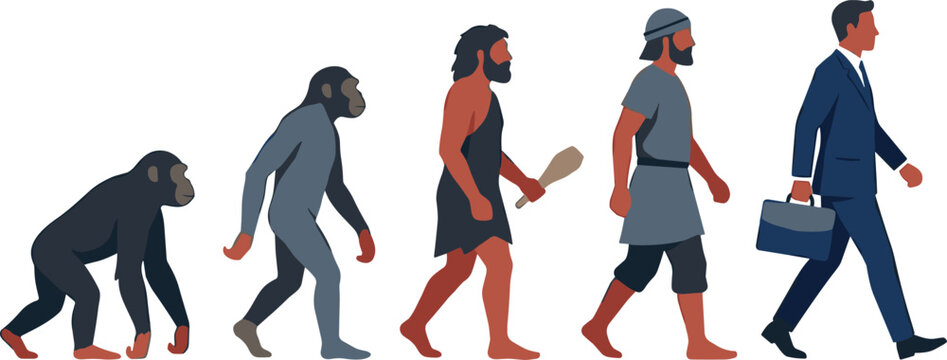Human Evolution Vector Illustration Showing Progress From Monkey and Caveman to Modern Businessman with Briefcase for Corporate Strategy and Growth Concepts