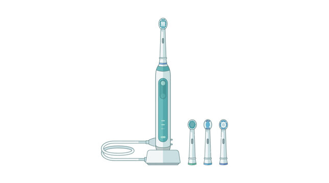 Modern electric toothbrush set with charging base and replacement heads for dental hygiene flat design vector illustration.