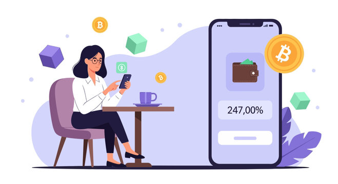 Woman using smartphone with crypto wallet app, bitcoin and digital currency concept