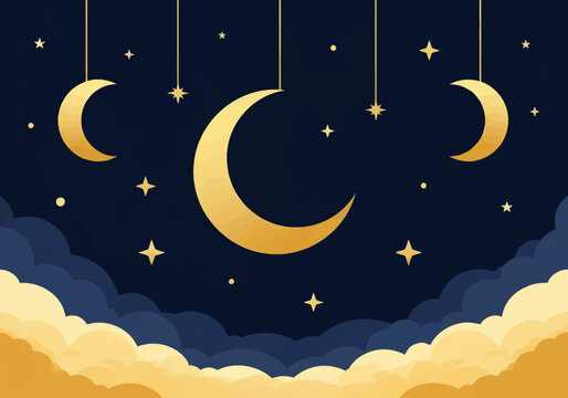 Vector illustration of a dark navy night sky featuring three golden hanging crescent moons, sparkling four-pointed stars, and layered blue and gold fluffy clouds at the bottom.