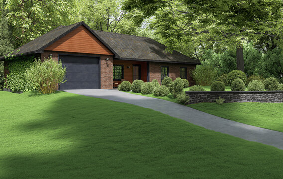 Suburban house with garage, curved driveway, manicured lawn and lush green trees