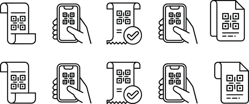 QR code icon set with smartphone scanning hand receipt verification document vectors for digital payment mobile authenticationQR code icon set with smartphone scanning hand receipt verification docume