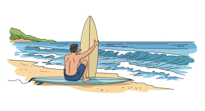 Vector illustration of a man in blue shorts sitting on a surfboard on a sandy beach, holding a second upright surfboard while looking at ocean waves and distant coastal hills.