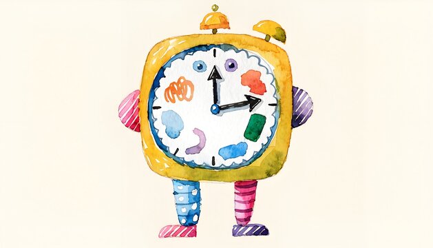 Watercolor cartoon clock character with legs and arms hand drawn character