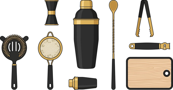 Professional bartender cocktail making tools set including shaker, strainer, and wooden board