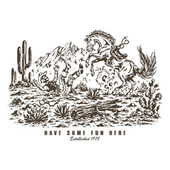 Fototapeta premium Cowboy Falling off a Rearing Stallion Horse in Desert Landscape Illustration