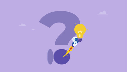 Smart AI robot with new lightbulb idea out of question mark. Artificial intelligence to help solve problem and create new idea, innovation and learning to support and help concept. © yedsgn
