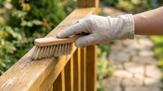 Person wearing protective glove cleaning wooden railing with brush for home maintenance and deck care project
