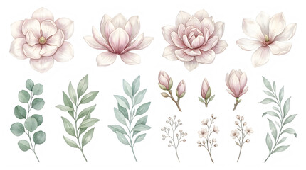 Fototapeta premium Watercolor floral elements with pink flowers and green leaves isolated on transparent background