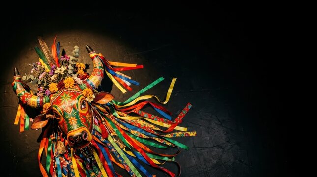 Bumba meu boi mask with colorful ribbons and flowers, traditional Brazilian folklore culture, representation of cultural festivities and regional festivals
