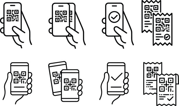 QR code mobile scanning icon set featuring smartphone screen payment verification checkmark and receipt line art vectorsQR code mobile scanning icon set featuring smartphone screen payment verificatio