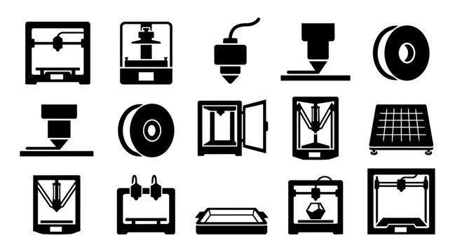 3D Printer and Additive Manufacturing Silhouette Icon Set